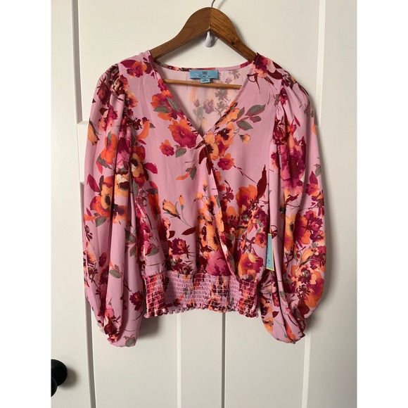 CeCe Pink Floral Bishop Sleeve Smocked Waist V Neck Blouse Top XS - Picture 2 of 6